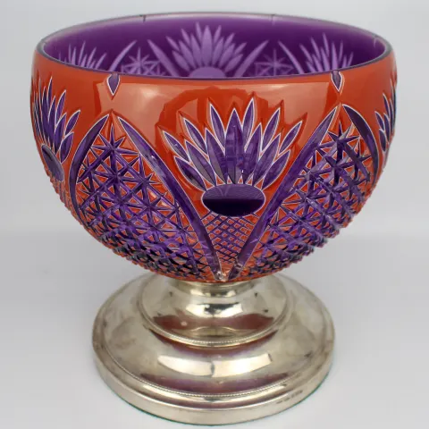 Fine Amethyst Sunburst Orange Overlay Crystal Silver Footed Centrepiece