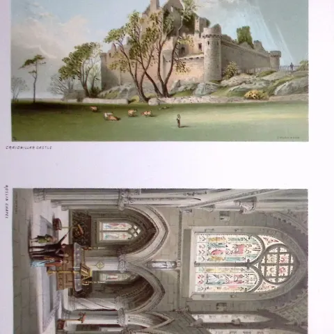 Scotland Craigmillar Castle & Roslyn Chapel Antique Coloured Print-29a