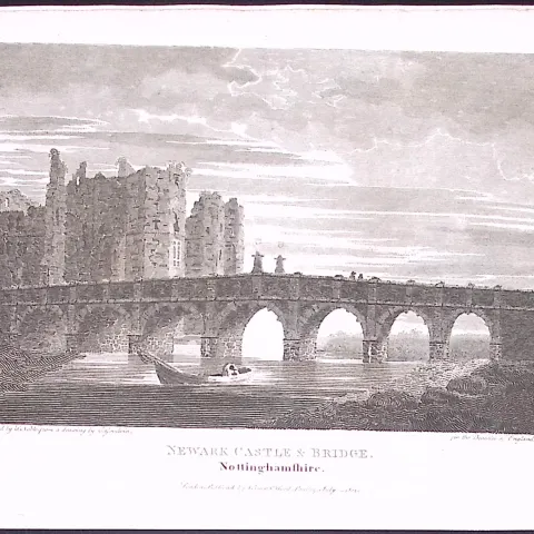 Nottinghamshire Newark Castle & Bridge  212 Years-Old Steel-Engraving-158