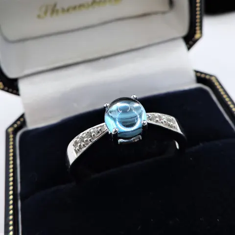 Sterling Silver Cabochon Topaz & Diamond  Ring New with Gift Pouch