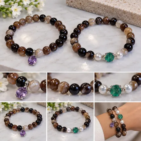 Two Beaded Bracelets with Amethyst & Treated Emerald