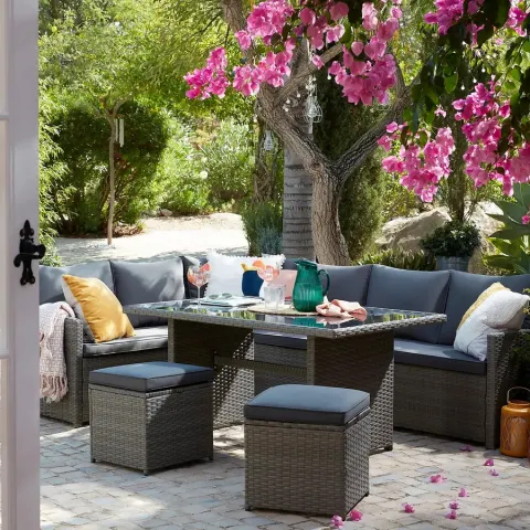 (13/Mez/P15) RRP £850 (When Complete). Matara Grey Rattan Corner Garden Sofa Set. Ideal For Indoor