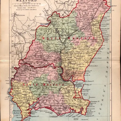 County of Wexford Ireland Antique Detailed Coloured Victorian Map.