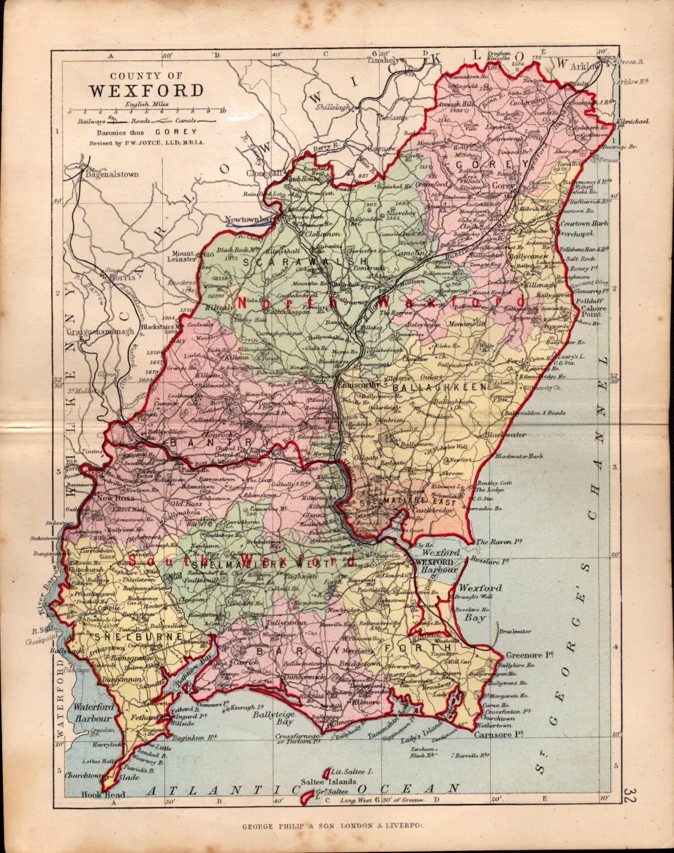 County of Wexford Ireland Antique Detailed Coloured Victorian Map.