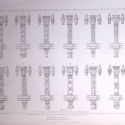 Rosslyn Chapel Scotland  190 Years-Old John Britton Antique Steel Engraving-315.