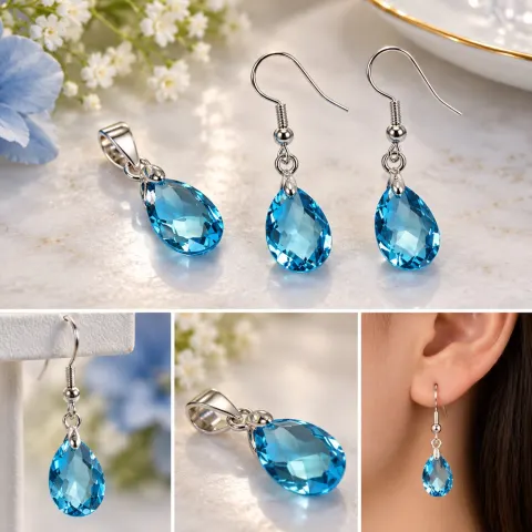 Natural Blue Topaz Pendant and Drop Earrings Set