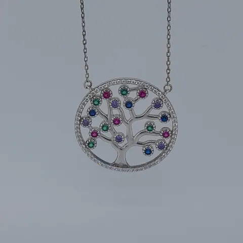 Silver 925 Tree of Life Necklace Set With Coloured CZ Stones