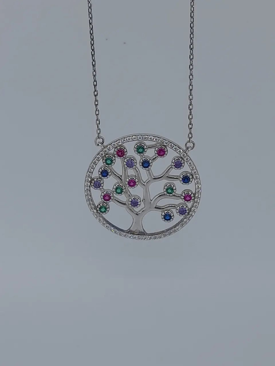 Silver 925 Tree of Life Necklace Set With Coloured CZ Stones