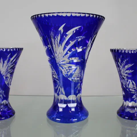 Fine Vintage Cobalt Blue Overlay Crystal Trio of Vases
