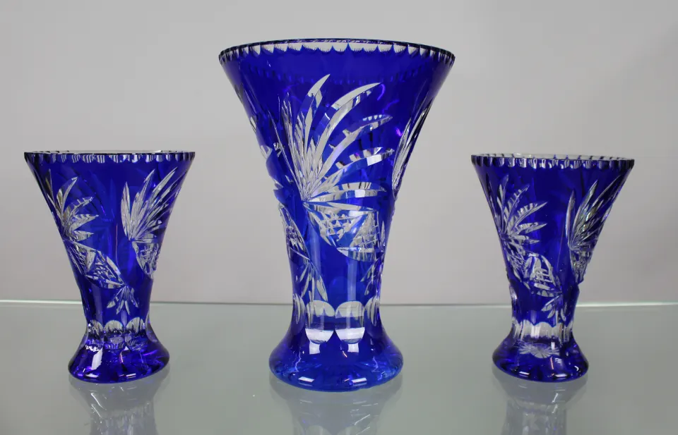 Fine Vintage Cobalt Blue Overlay Crystal Trio of Vases