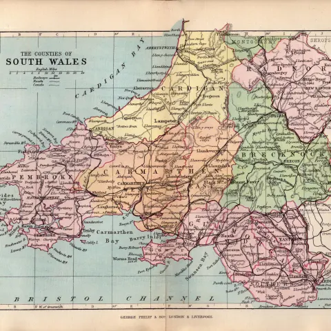 Counties of South Wales 1895 Antique Victorian Coloured Map.