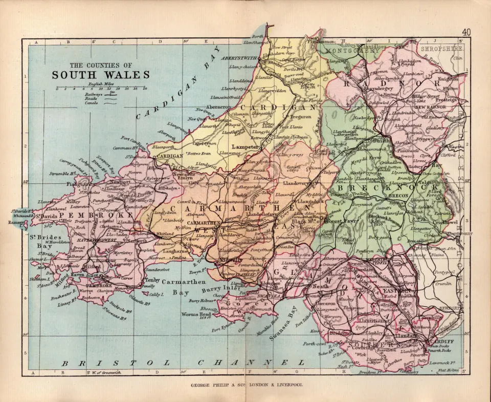 Counties of South Wales 1895 Antique Victorian Coloured Map.