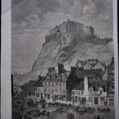 Edinburgh Castle From The Corn Exchange 162 Years-Old Antique Woodcut Engraving.