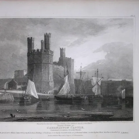 Caernarvon Castle Wales 190 Years-Old Rare John Britton Antique Steel Engraving-116