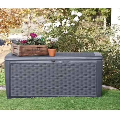 (23/MR1) RRP £140. Keter Sumatra Rattan Effect Outdoor Garden Storage Box 511L – Anthracite. Assemb