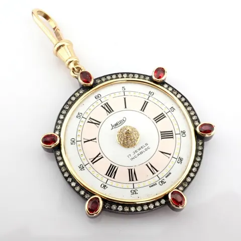 An Exquisite Pendant Made of Gold and Silver, Featuring An Antique Watch Dial Adorned With Precious