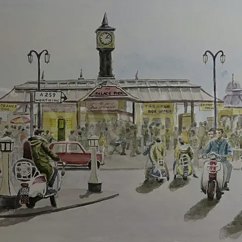 Mods Brighton Pier Vespa's & Lambretta's Nostalgic 1960's Scene Metal Wall Art
