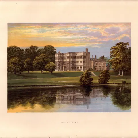 Astley Hall Nr Chorley Lancashire Gilt-Edge Coloured Antique Book Plate.