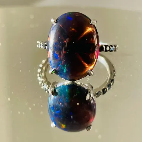 Beautiful 5.22 CT Natural Black Opal Ring With Natural Black Diamond & 18k Gold