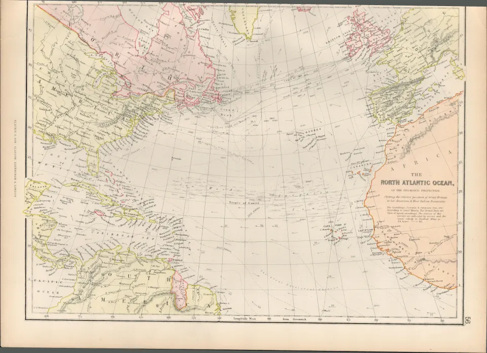 North Atlantic Coast Antique Victorian  Coloured 1882 Blackie Map.