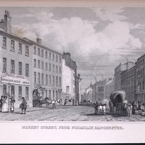Market St from Piccadilly Manchester Antique 195 Years-Old Steel-Engraving-26