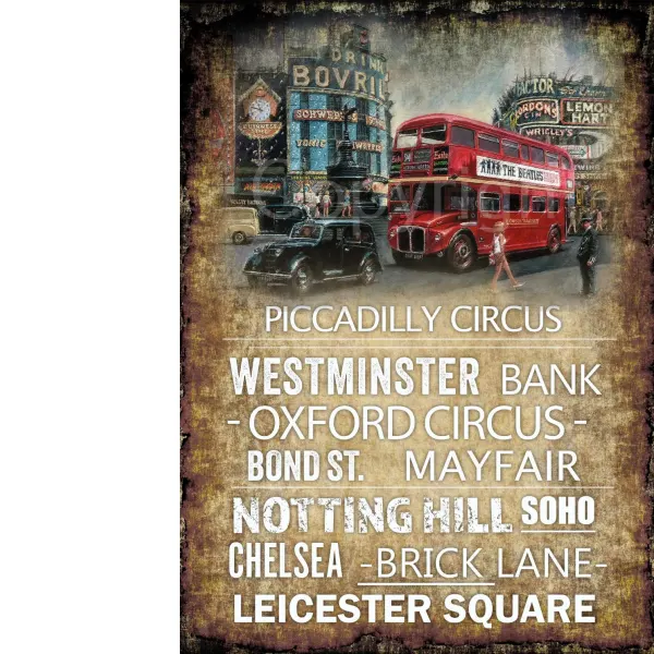 London Piccadilly Circus Extra Large Nostalgic Buses Metal Wall Art