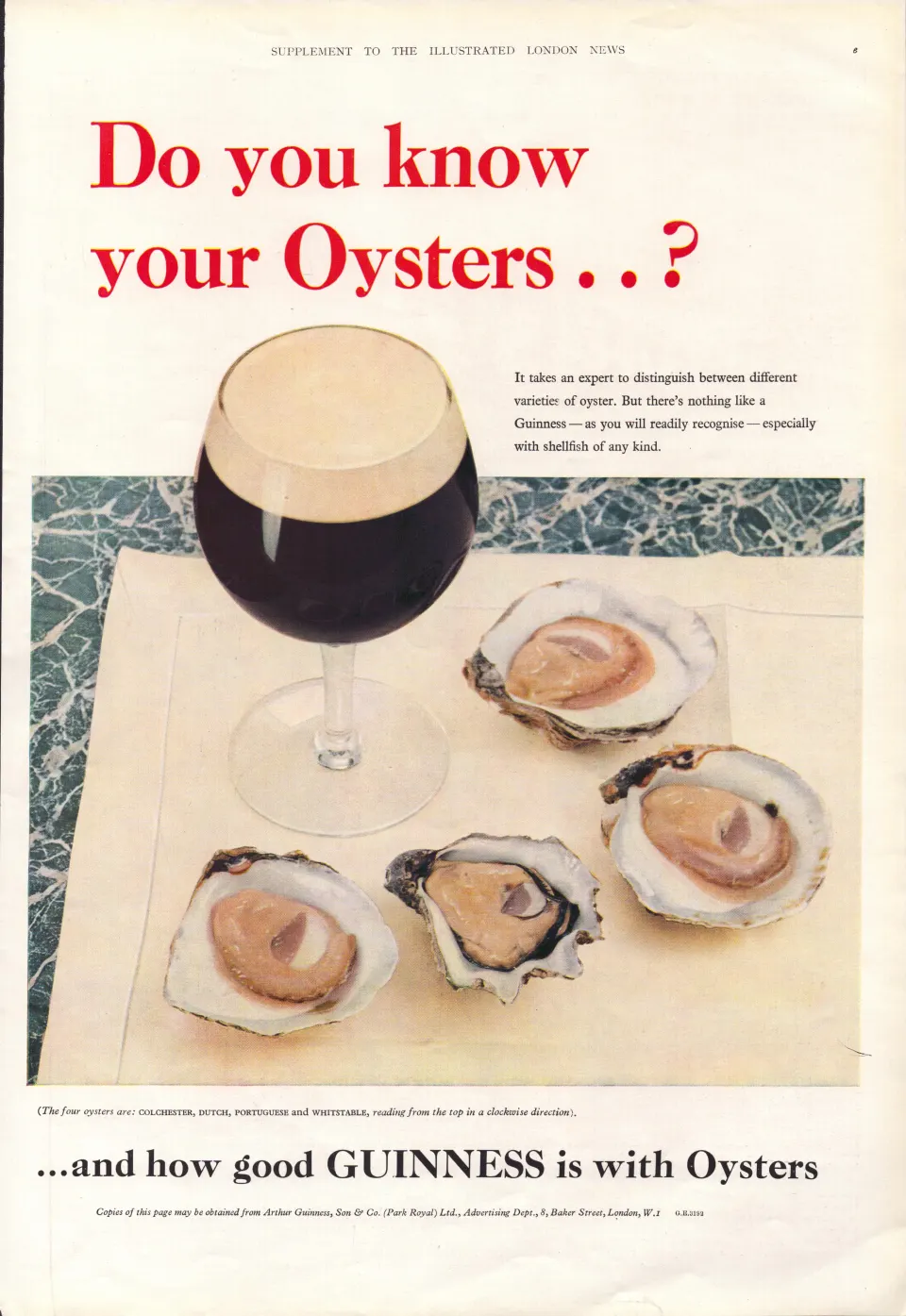 Original 65-Year-Old 1959 Guinness Print Knowing Your Oysters– GE 3192   #-7.
