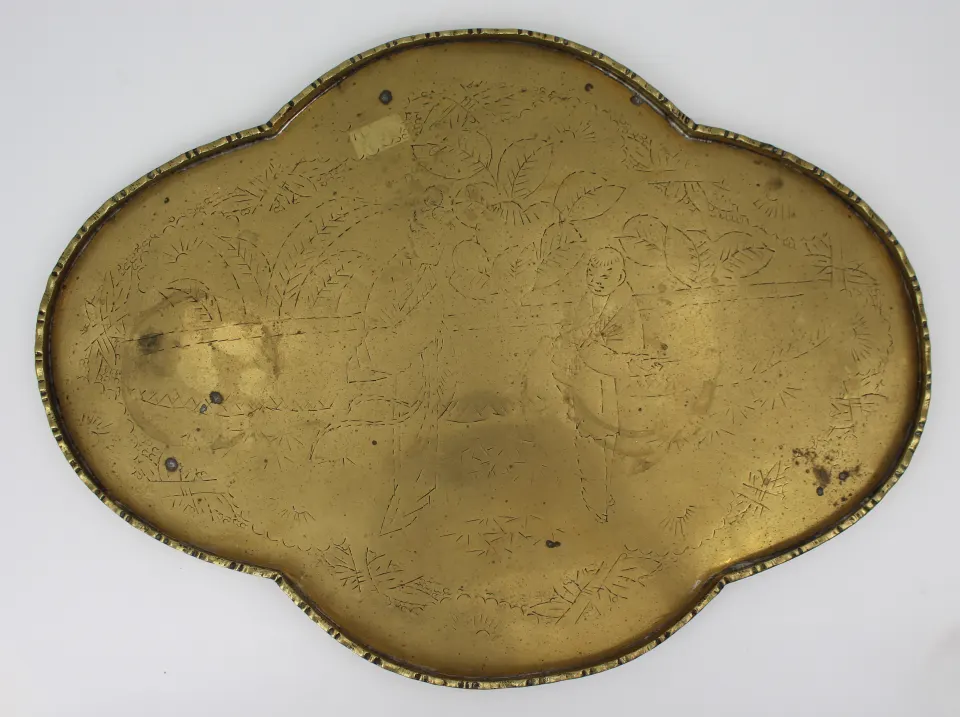Antique Engraved Brass Tray – Chinoiserie Influence