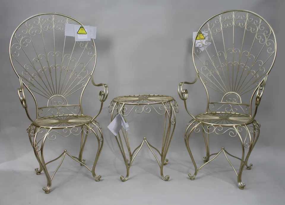 Pair of Contemporary Gold Metal Conservatory Chairs & Table