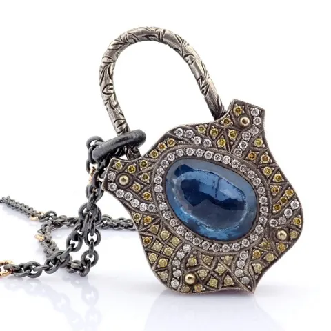 Convertible clasp necklace embellished with gold, colorful stones, and diamonds on silver