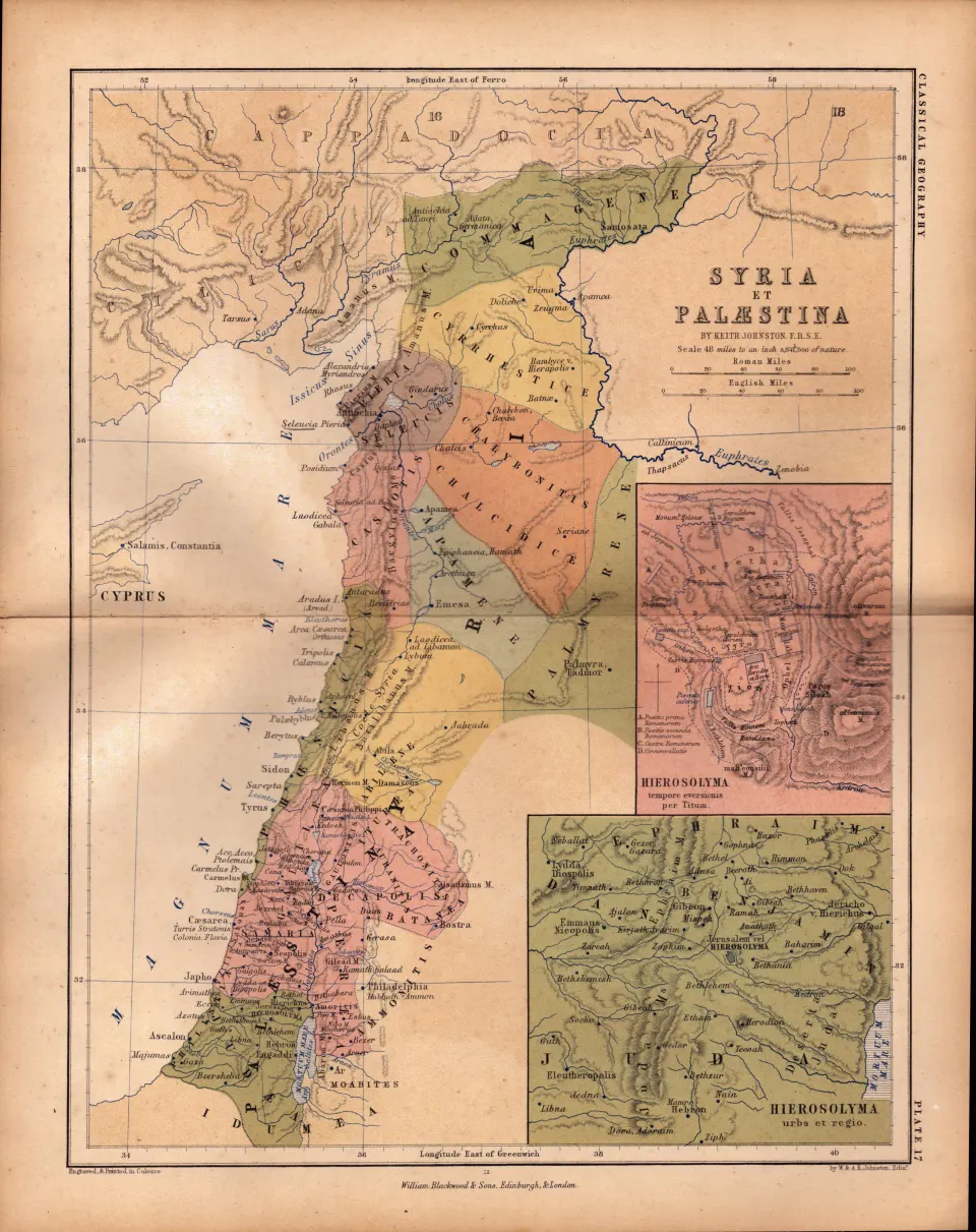 Antique Victorian  1867  Coloured Map Palestine Syria, Hierosolyma.