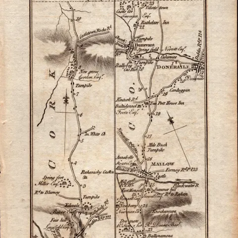 Ireland Rare Antique 1777 Road Map Cork to Limerick and from Cork to Doneraile