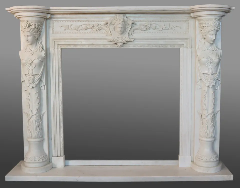 Carved Fire Surround with Caryatid Figures White Marble