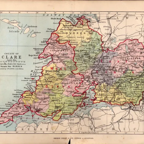 County of Clare Ireland Antique Detailed Coloured Victorian Map.