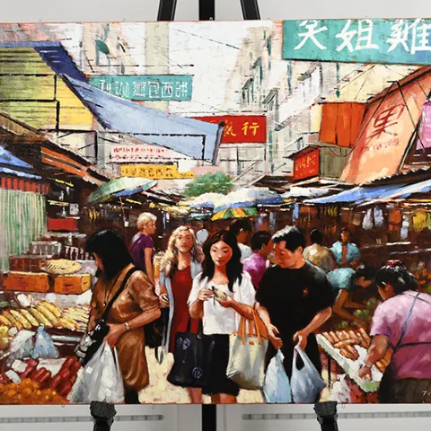 Original Painting By Tony Rome "Ladies Market Hong Kong"