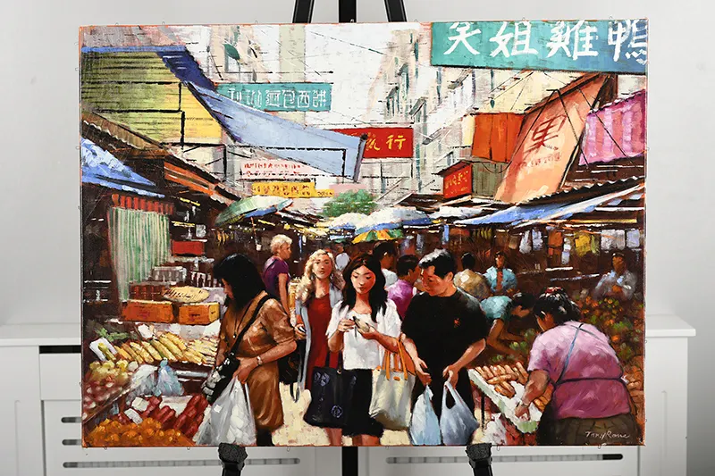 Original Painting By Tony Rome "Ladies Market Hong Kong"