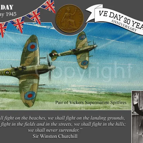 VE Day 80th Anniversary Designed Metal Art Coin Display Hawker Supermarine Spitfire