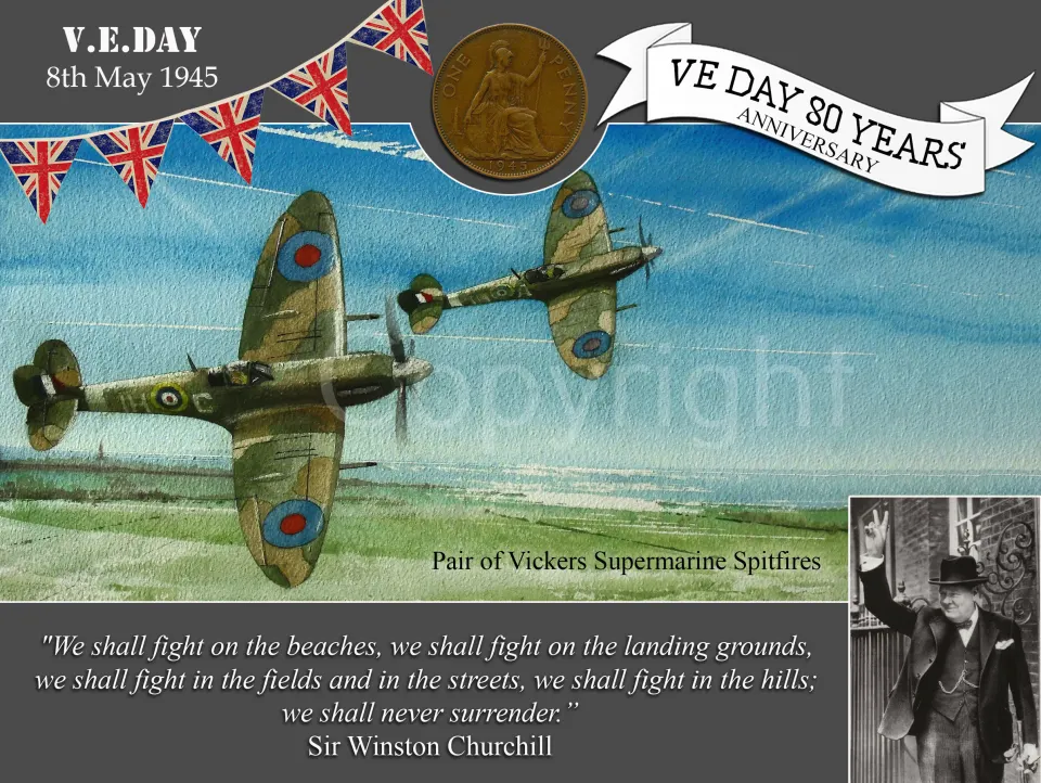 VE Day 80th Anniversary Designed Metal Art Coin Display Hawker Supermarine Spitfire