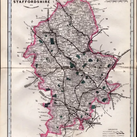 Staffordshire Cruchley Scarce Antique Railways & Stations Coloured Map.