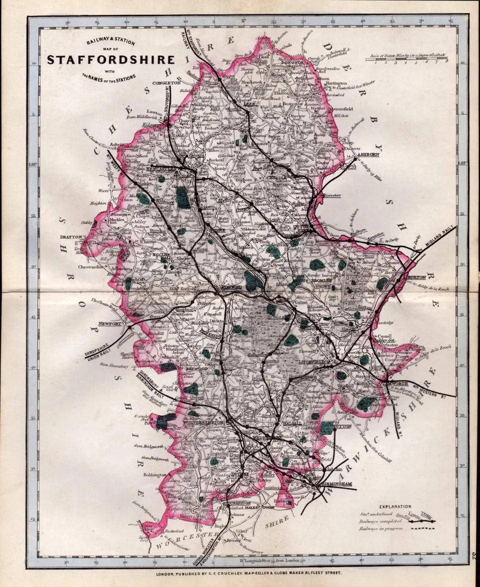 Staffordshire Cruchley Scarce Antique Railways & Stations Coloured Map.