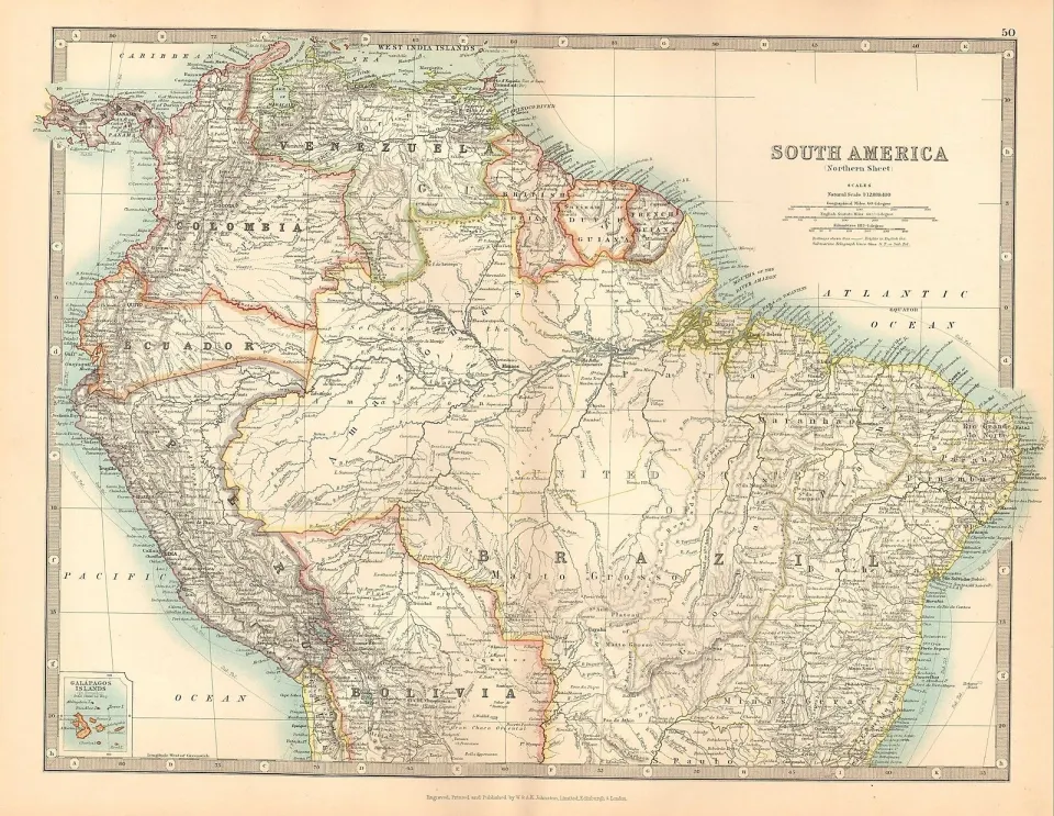 South America North Brazil Peru Columbia Bolivia  Etc Large Antique Map.