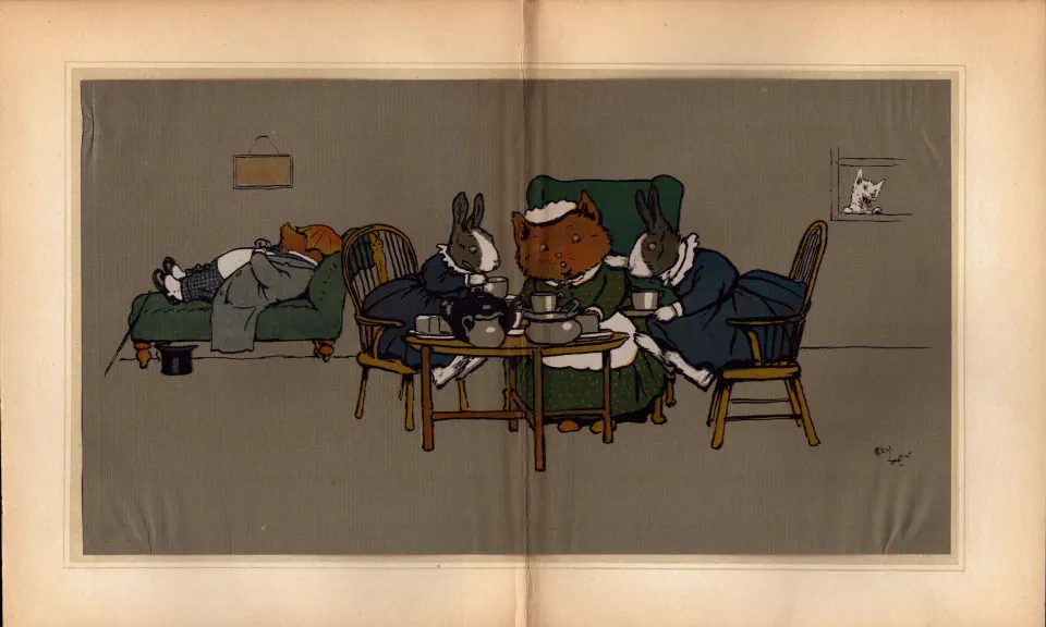 Cecil Aldin Merry Party Rare Antique Large Book Plate “The Tea Party”