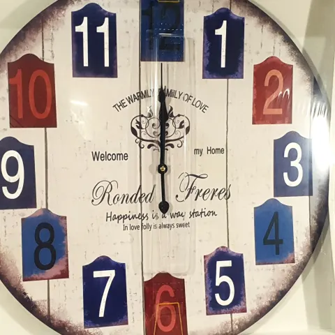Printed Wooden Clock 60cm Across. 'Ronded Freres'.   Rrp £30
