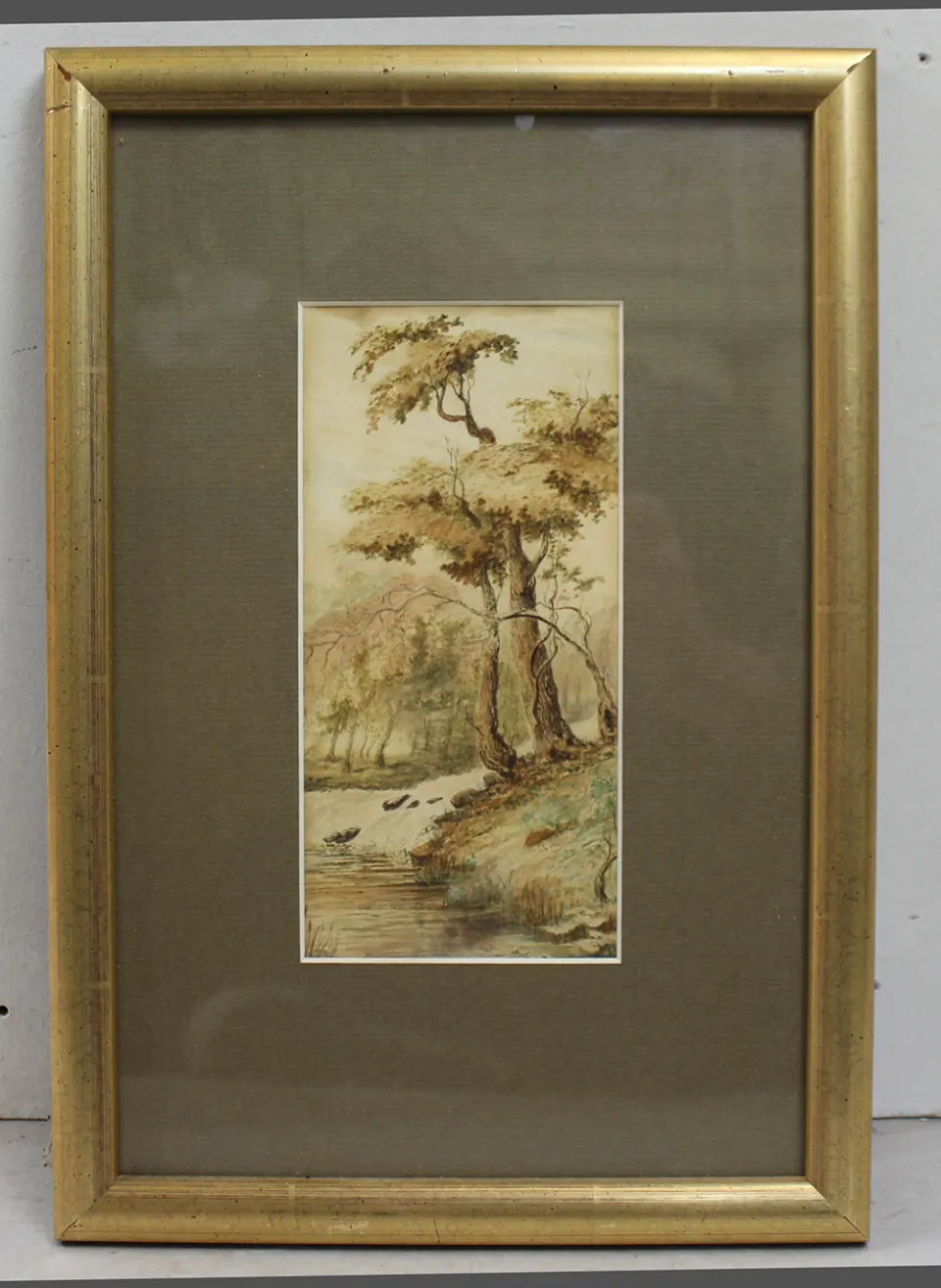 Early 20th c.  Watercolour Tree by River Bank