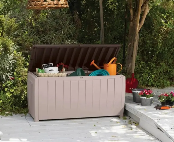 (107/Mez/1E) RRP £79. Keter Novel Plastic Outdoor Garden Storage Box 340L Beige/ Brown. Elegant & C
