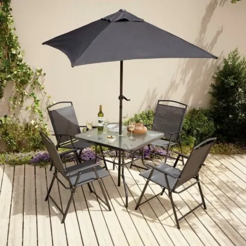 (44/6C) RRP £149. Miami 6 Piece Patio Set Charcoal. Matching Linen colour scheme. Chairs feature li