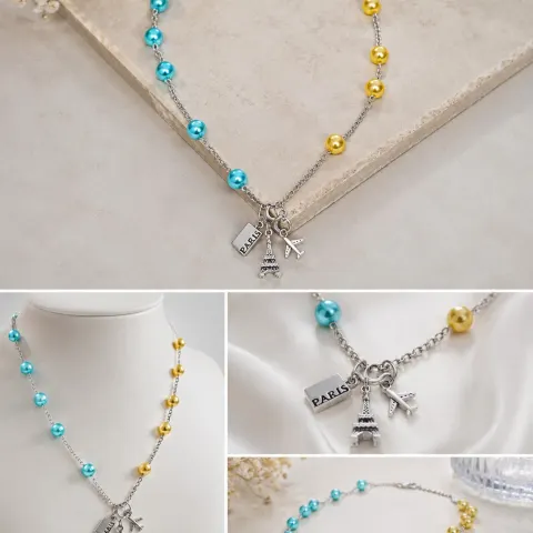 Paris Travel Charm Necklace with Blue and Gold Beads
