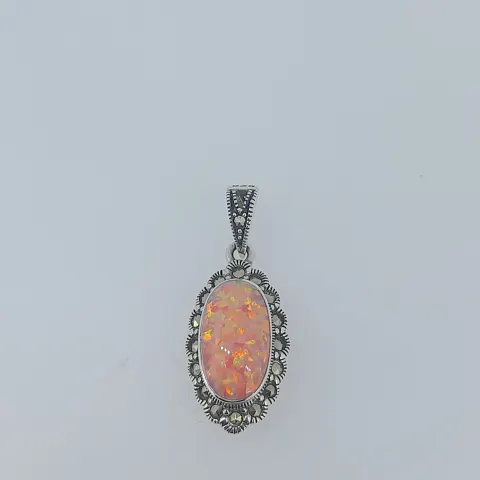 Silver Synthetic Fire Opal and Marcasite Set Pendant