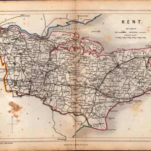 Antique Railway Map of Kent Drawn & Engraved by John Emslie.