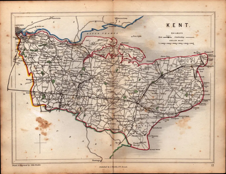 Antique Railway Map of Kent Drawn & Engraved by John Emslie.
